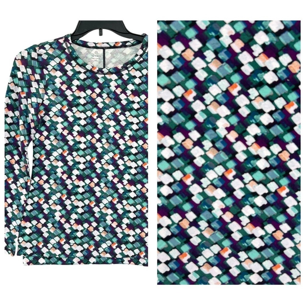 T by Talbots Vibrant Mosaic Top Size XS Green Purple Athleisure Stretch NWT